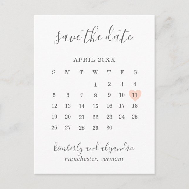 Carte Postale Faire-part Simple Peach Heart Calendrier Mariage Enregistrer  (Devant)