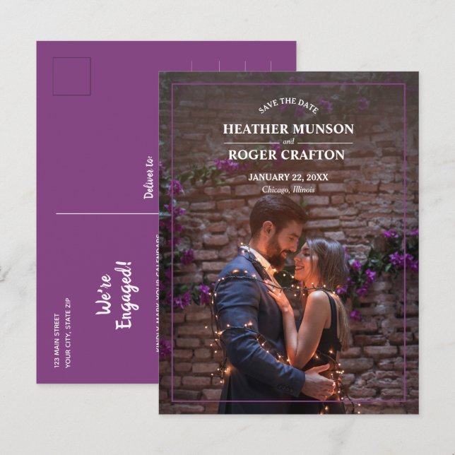 Carte Postale Faire-part Simple Photo de mariage à la frontière Enregistrez (Devant / Derrière)