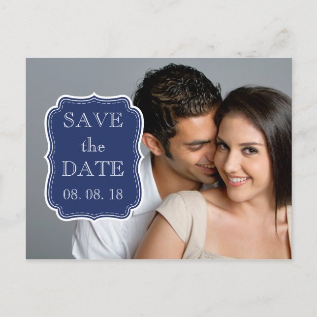 CARTE POSTALE FAIRE-PART SIMPLE PHOTO ENREGISTRER LA DATE | BLEU MARINE (Devant)