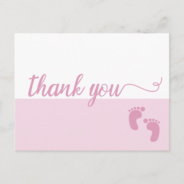 Carte Postale Faire-part Simple Pink Script bébé pieds Merci (Devant)
