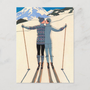 Carte Postale Faire-part Skis Art Déco vintage baiser d'amour Save the Date
