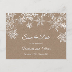 Carte Postale Faire-part Snowflakes White & Kraft hiver Enregistrer la date