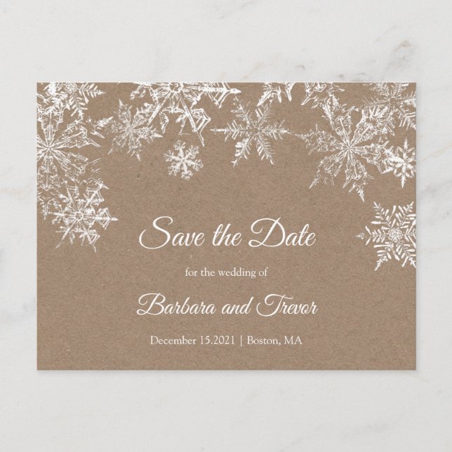 Carte Postale Faire-part Snowflakes White & Kraft hiver Enregistrer la date (Devant)
