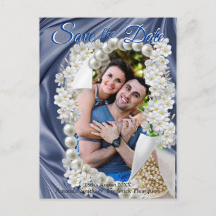 Carte Postale Faire-part Soie Bleue et Perles d'Ivoire Save the Date