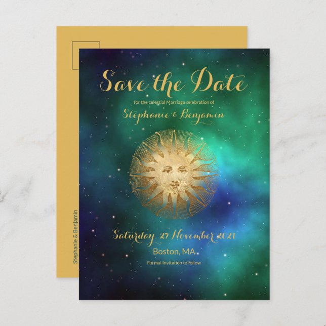 Carte Postale Faire-part Soleil Céleste Turquoise Paillettes Or Enregistrer (Devant / Derrière)