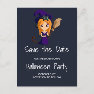 Carte Postale Faire-part Sorcière mignonne en Casquette violet Halloween En