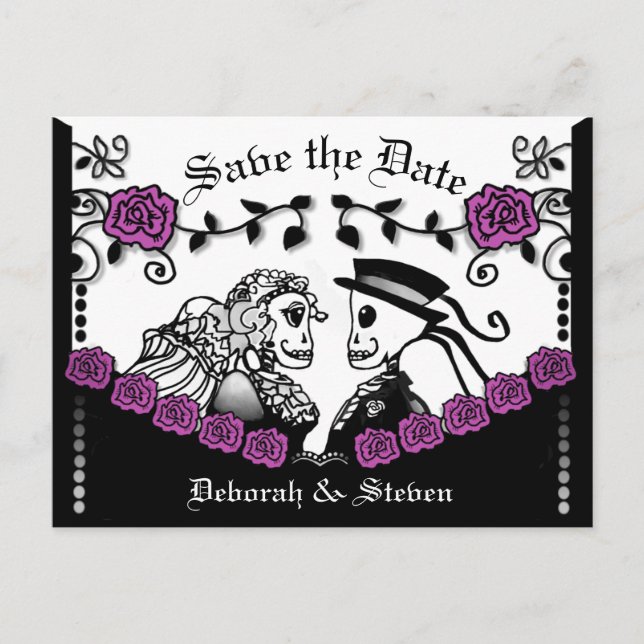 Carte Postale Faire-part Squelettes gothiques roses noir et violet Sauver l (Devant)