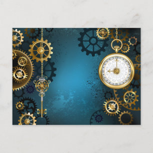Carte Postale Faire-part Steampunk Arrière - plan turquoise avec Gears