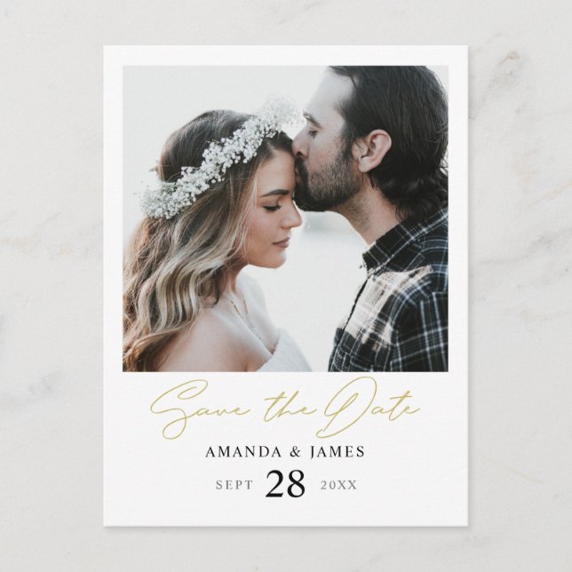 Carte Postale Faire-part Style moderne Gold Script Photo Enregistrer la dat (Devant)