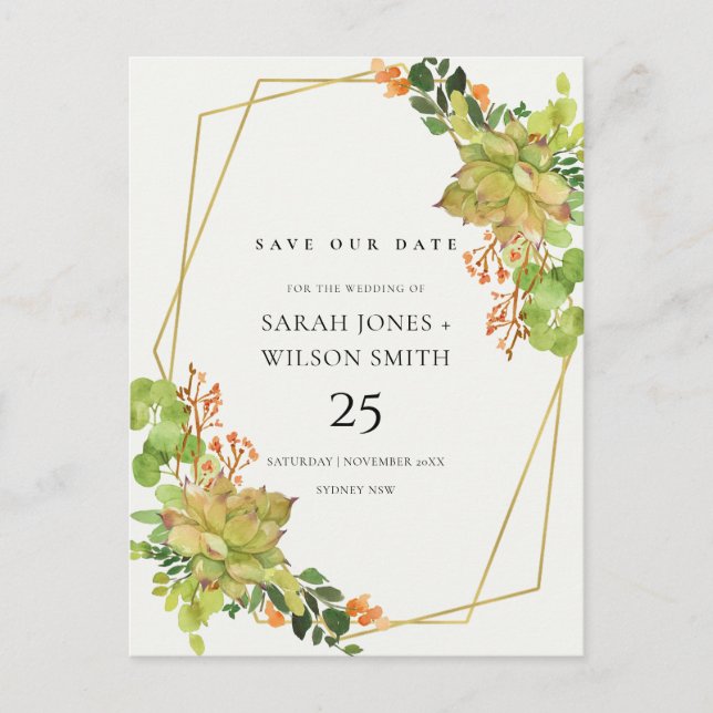 CARTE POSTALE FAIRE-PART SUCCULENT CACTUS ORANGE EAU ENREGISTRER LA DATE (Devant)