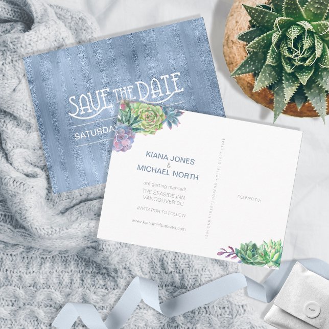 Carte Postale Faire-part Succulentes et Étincelles Enregistrez la Date Bleu (Créateur téléchargé)
