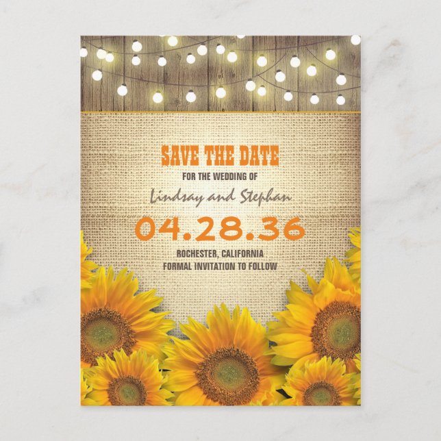 Carte Postale Faire-part Sunflower Burlap String Light Rustic Enregistrer l (Devant)