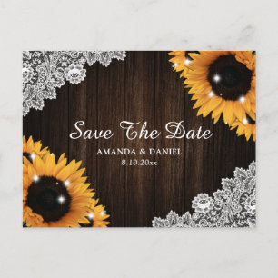Carte Postale Faire-part Sunflower Rustic Bois Dentelle Mariage Enregistrer