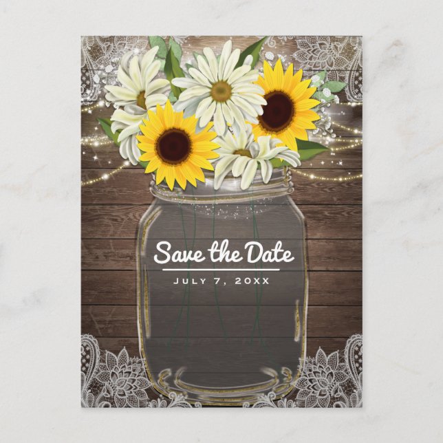 Carte Postale Faire-part Sunflowers Daisies Mason Jar Sparkle Enregistrer l (Devant)