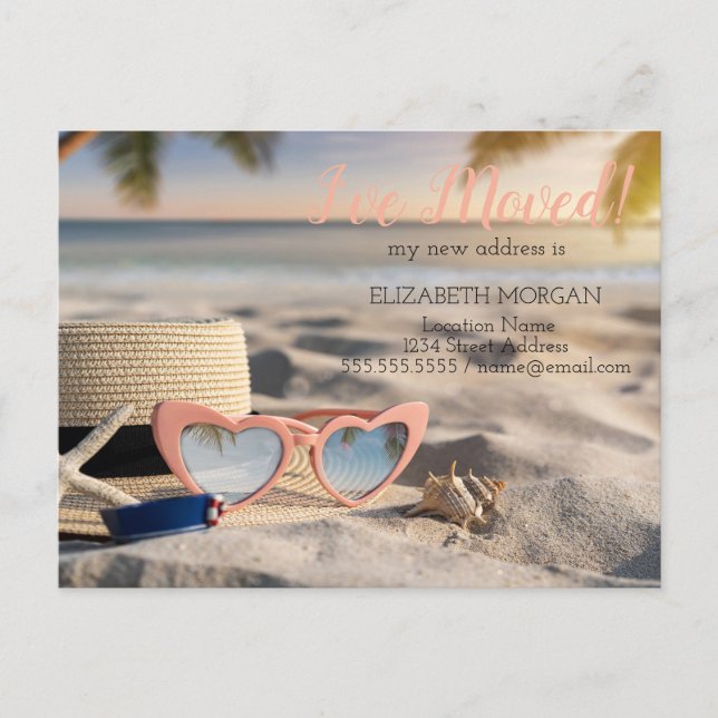 Carte Postale Faire-part Sunglass, Casquette, Seashell Beach Nouvelle adres (Devant)