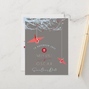 Carte Postale Faire-part Suspendus Origami Grues en Papier Rouge Zen Save T