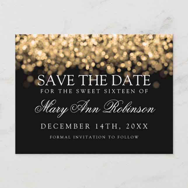 Carte Postale Faire-part Sweet 16 Sauvegardez La Date Shimmering Gold Light (Devant)