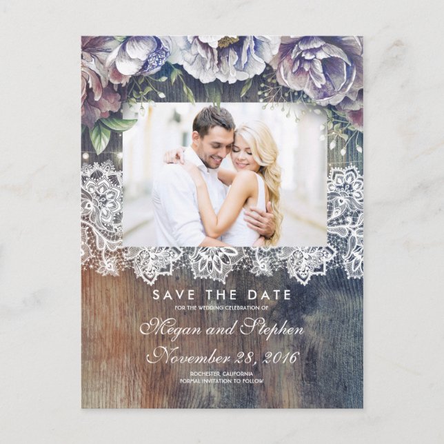 Carte Postale Faire-part Taupe, bleu et marron floral rustique Enregistrer  (Devant)