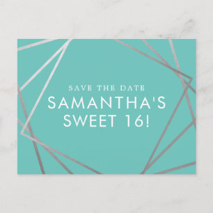 Carte Postale Faire-part Teal Blue Argent Moderne Sweet 16 Sauvegarder la D