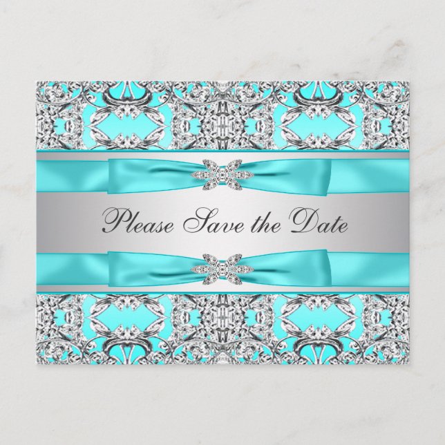 Carte Postale Faire-part Teal Blue Silver Enregistrer La Date (Devant)