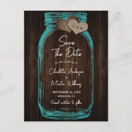 Carte Postale Faire-part Teal Mason Jar Wood Wedding Save The Date