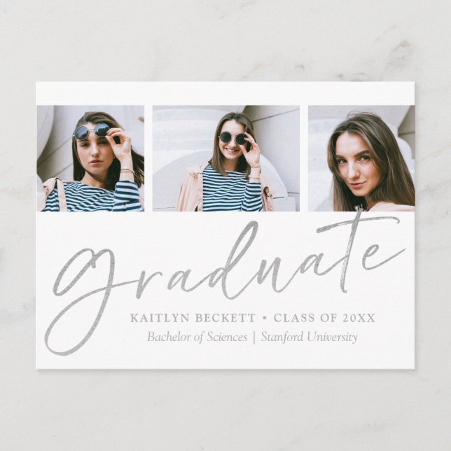 Carte Postale Faire-part Tendance Argent Feuille Script 3 Photo Remise de d (Devant)