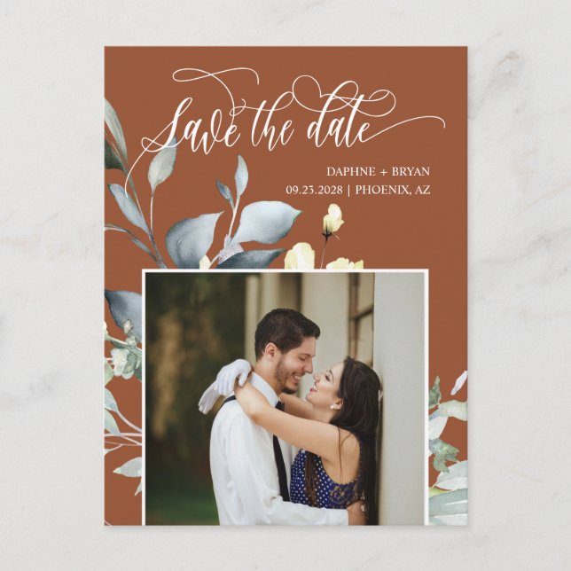 Carte Postale Faire-part Terracotta Fall Green Feuilles QR Code Enregistrer (Devant)