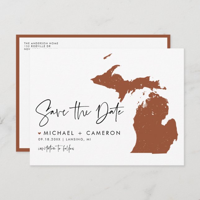 Carte Postale Faire-part Terracotta Michigan Map QR Code Enregistrer la dat (Devant / Derrière)