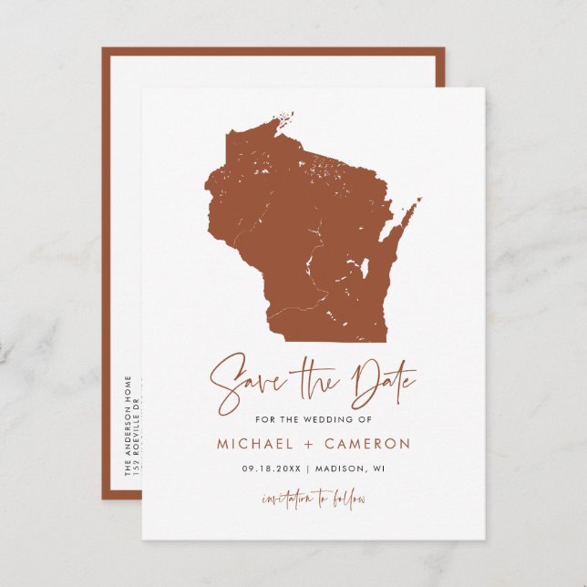 Carte Postale Faire-part Terracotta Wisconsin Map QR Code Enregistrer la da (Devant / Derrière)