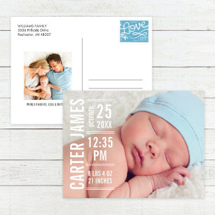 Carte Postale Faire-part Texte blanc photo de bébé garçon de type moderne N