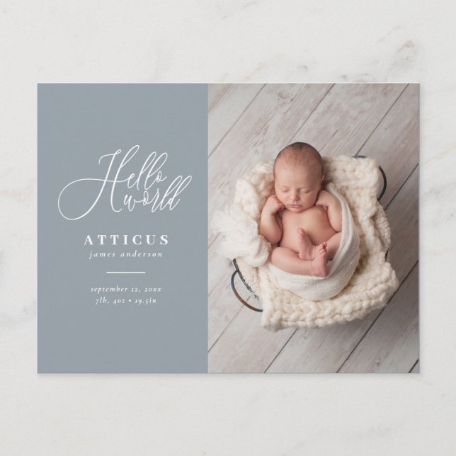 Carte Postale Faire-part Texte de script Hello world photo annonce de naiss (Devant)
