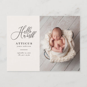 Carte Postale Faire-part texte de script hello world photo annonce de naiss