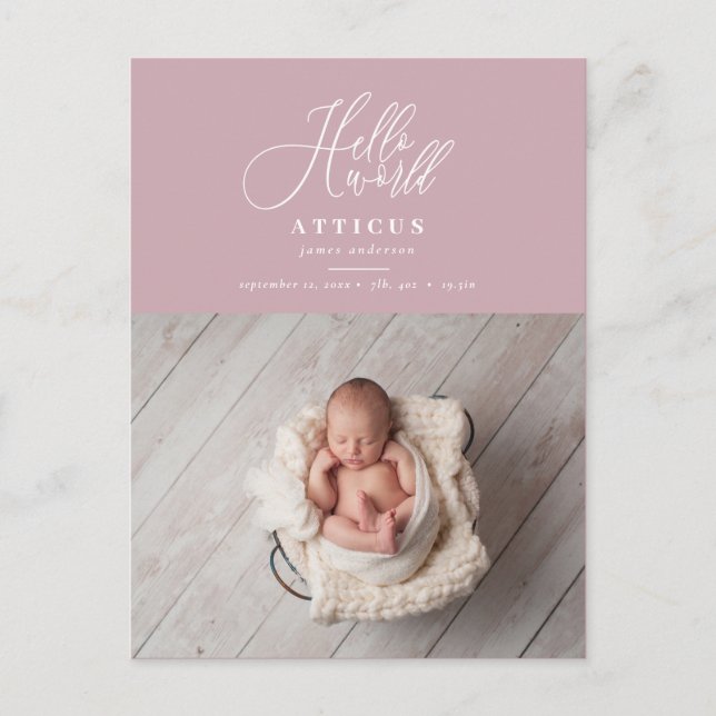 Carte Postale Faire-part Texte de script Hello world photo annonce de naiss (Devant)