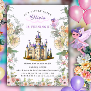 Carte Postale Faire-part Thème d'anniversaire Conte de Fée Château Violet a