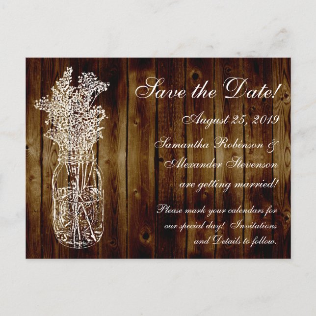 Carte Postale Faire-part Timbre Mason Jar/Bois foncé Enregistrer la date (Devant)