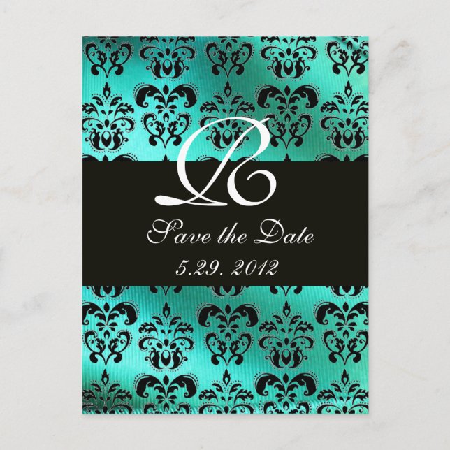 CARTE POSTALE FAIRE-PART TISSU DAMASSÉ TURQUOISE BLEU VERT, MONOGRAMME BLAN (Devant)