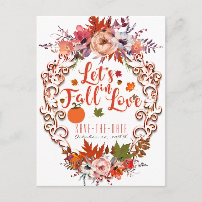 Carte Postale Faire-part Tombons amoureux Automne Floral Sauvez la date (Devant)