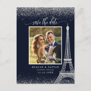 Carte Postale Faire-part Tour Eiffel de Paris Argent Navy Photo Enregistrer