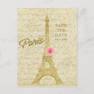 Carte Postale Faire-part Tour Eiffel de Paris Or & Rose ENREGISTRER LA DATE