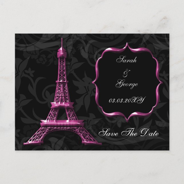 Carte Postale Faire-part Tour Eiffel rose Mariage français Enregistrer la d (Devant)