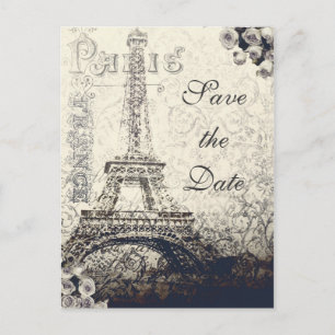 Carte Postale Faire-part Tour Eiffel Vintage Paris & Roses Save the Date