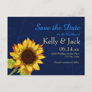 Carte Postale Faire-part Tournesol/Enregistrer la date mariage bleu