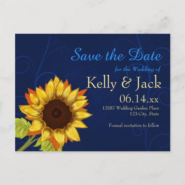 Carte Postale Faire-part Tournesol/Enregistrer la date mariage bleu (Devant)