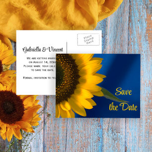 Carte Postale Faire-part Tournesol jaune sur mariage bleu Enregistrer la da