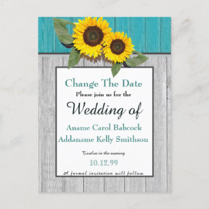Carte Postale Faire-part Tournesol Mariage rustique Turquoise gris chic boi