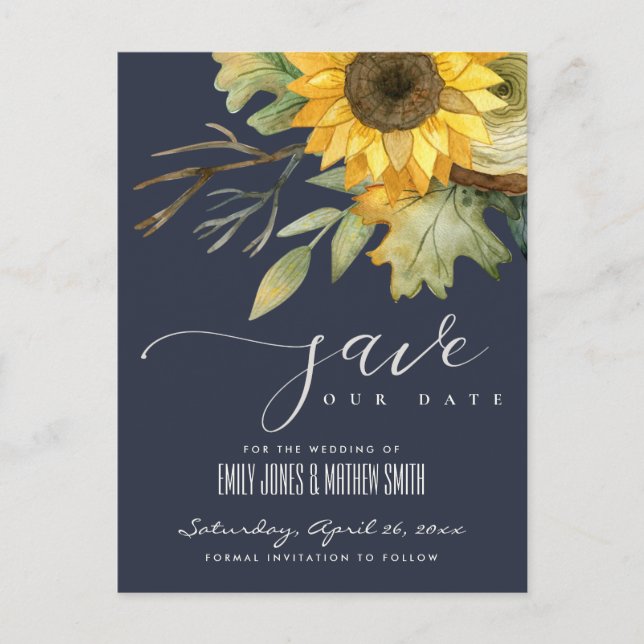 CARTE POSTALE FAIRE-PART TOURNESOL NAVY AQUARELLE FLORAL ENREGISTRER LA DAT (Devant)