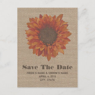 Carte Postale Faire-part Tournesol Orange Inspiré Burlap Enregistrer La Dat