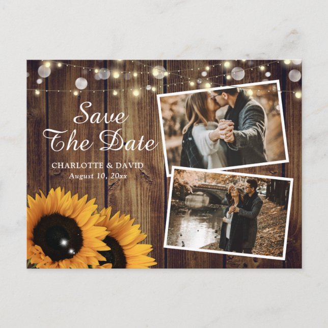 Carte Postale Faire-part Tournesol Rustique En Bois Enregistrer La Date Pho (Devant)