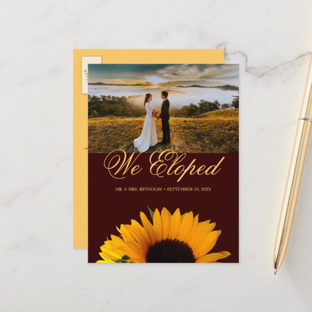 Carte Postale Faire-part Tournesol Rustique Photo Mariage Elopement Automne (Devant/Arrière en situation)
