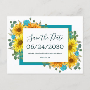 Carte Postale Faire-part Tournesol rustique Turquoise Roses mariage Enregis